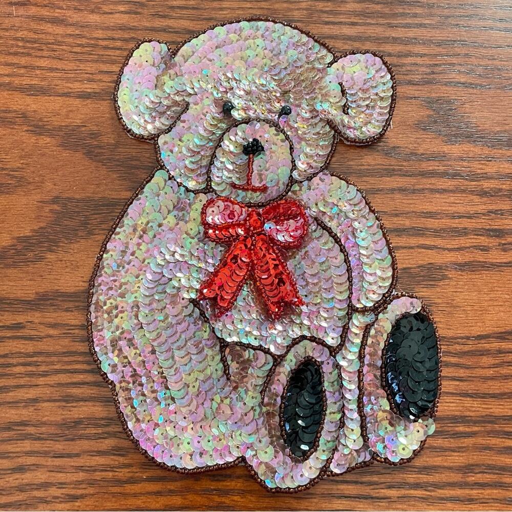 Vintage Teddy Bear Sequin Patch Embellishment Brown Red Bow Large